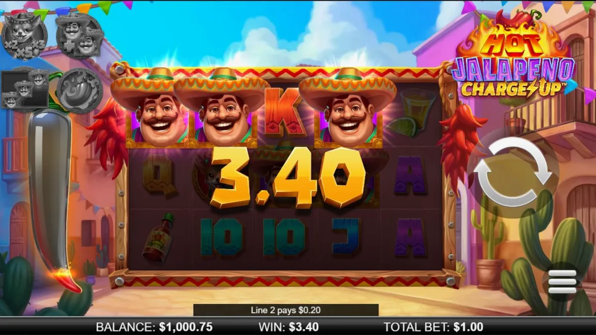 Hot Jalapeño Charge Up slot game interface with festive Mexican theme