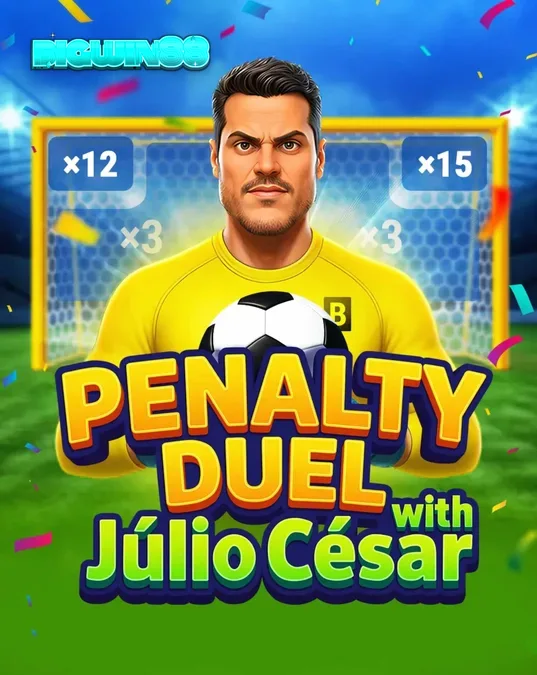 Tampilan antarmuka permainan Penalty Duel dengan Júlio César yang menampilkan gawang dan kiper